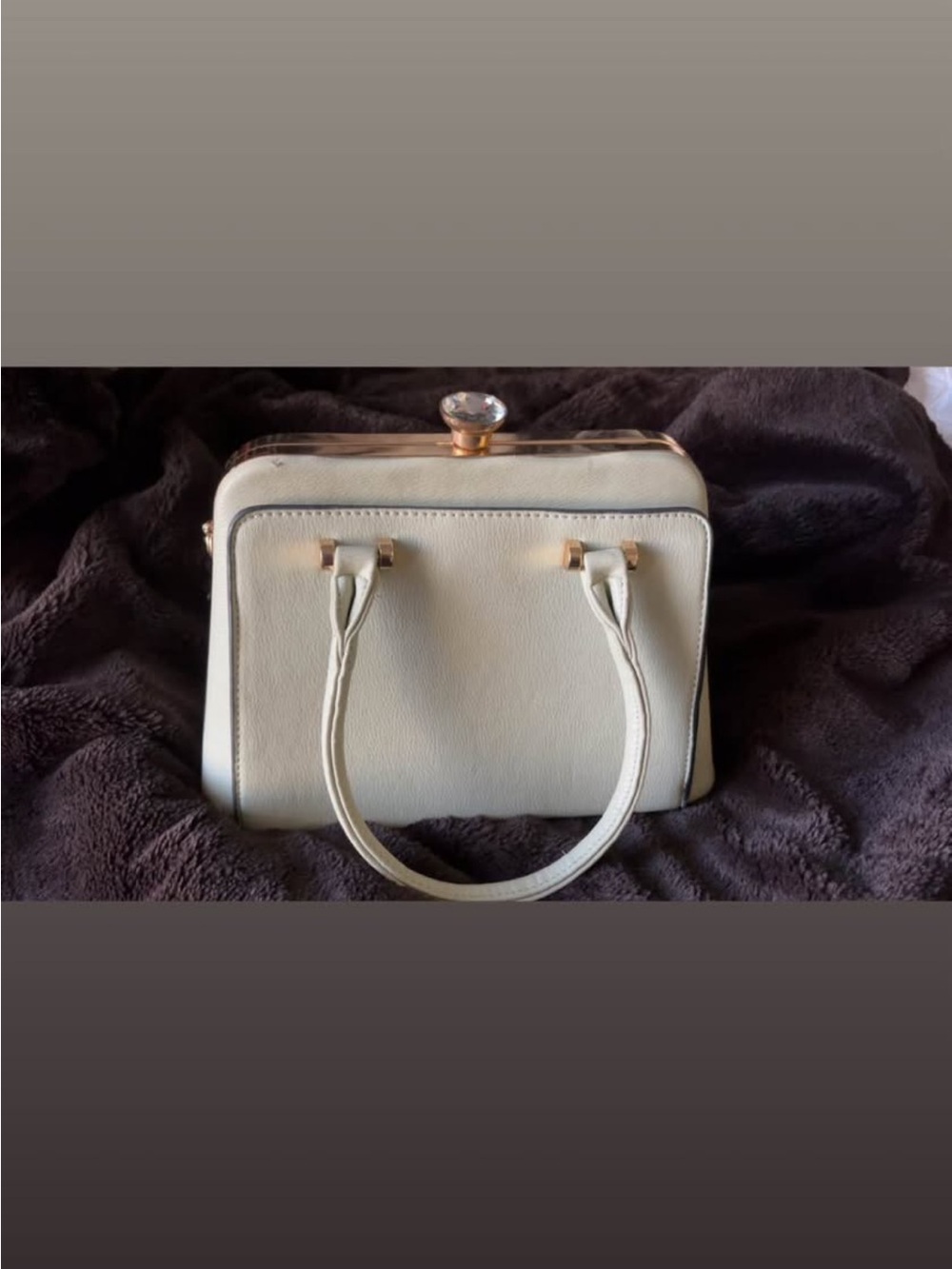 Structured Cream Top-Handle Satchel with Crystal Clasp